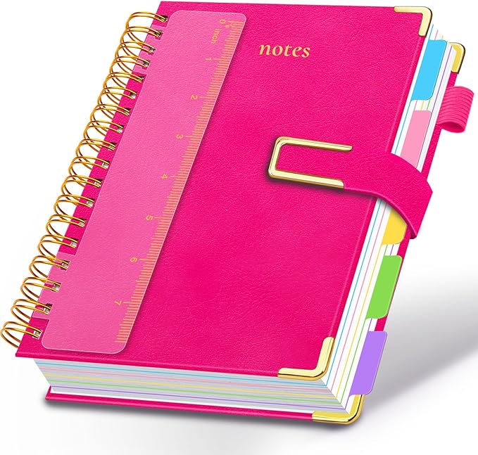 Hardcover Spiral Notebook College Ruled, 6.2"x 8.2" Leather Journal Notebook with Magnetic Closure, 300 Pages 5 Subject Notebook with Dividers Tabs Journal for Women Men, Work, School(Rose Red)