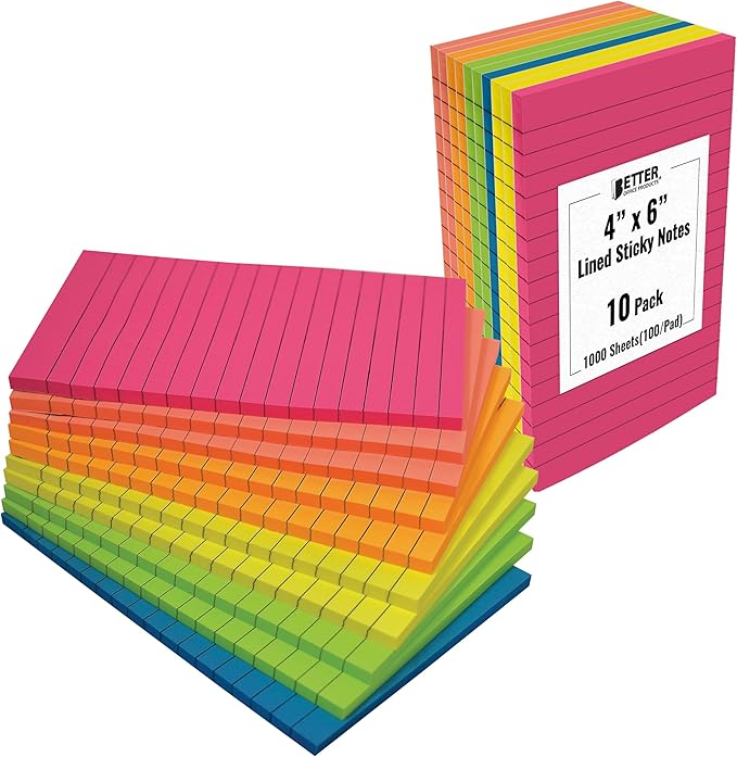 Better Office Products Lined Sticky Notes 4x6, 10 Pack (500 Sheets), Lined Post It Notes 4x6 Assorted Bright Colors, Strong Adhesive, Large Notes for Office School Memos