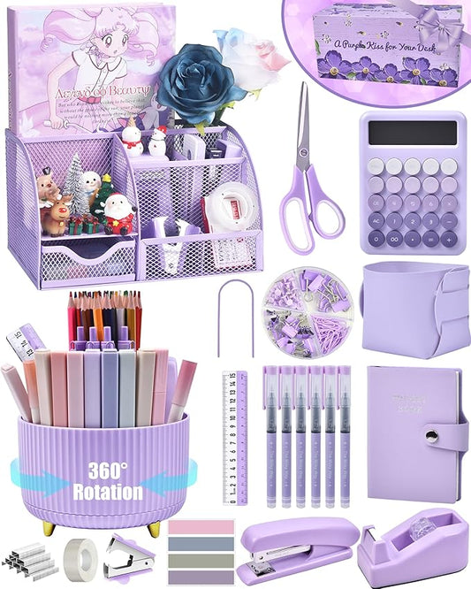 21Pcs Purple Desk Organizers and Accessories With Mesh Desk Organizer and 360°Rotating Pen Holder and a Lot of Office Purple Office Supplies Beautifully Presented in a Gift Box