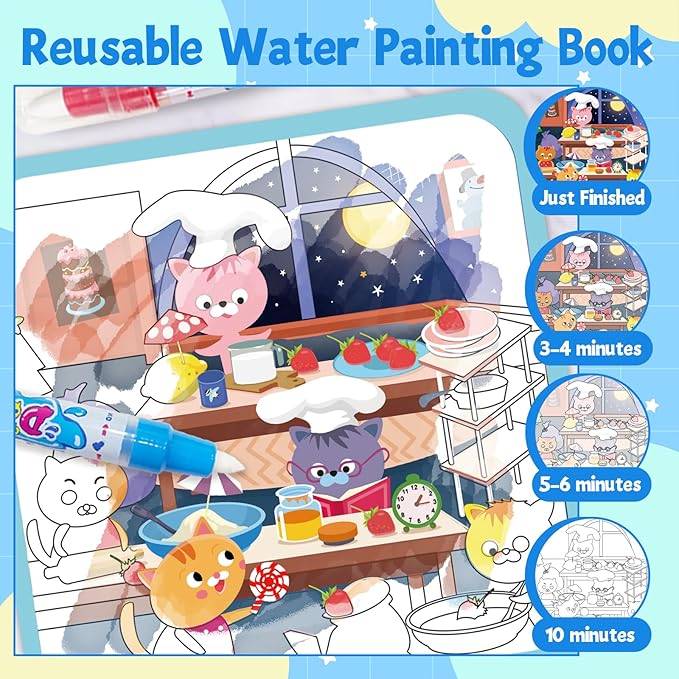 Elfew Water Painting Book for Toddlers 1-3,Mess Free Coloring for Toddlers,2 Pack Reusable Water Coloring Books with Water Pens,Magic Doodle Books