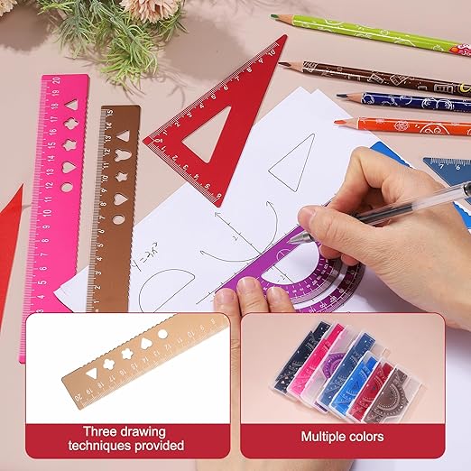 PATIKIL 8 Pcs Geometry Drafting Tool, Aluminum Alloy Geometry Kit Math Tool Includes 20cm L Ruler Protractor Triangles for Drafting Angle Measure Simple Science Experiment, Gold
