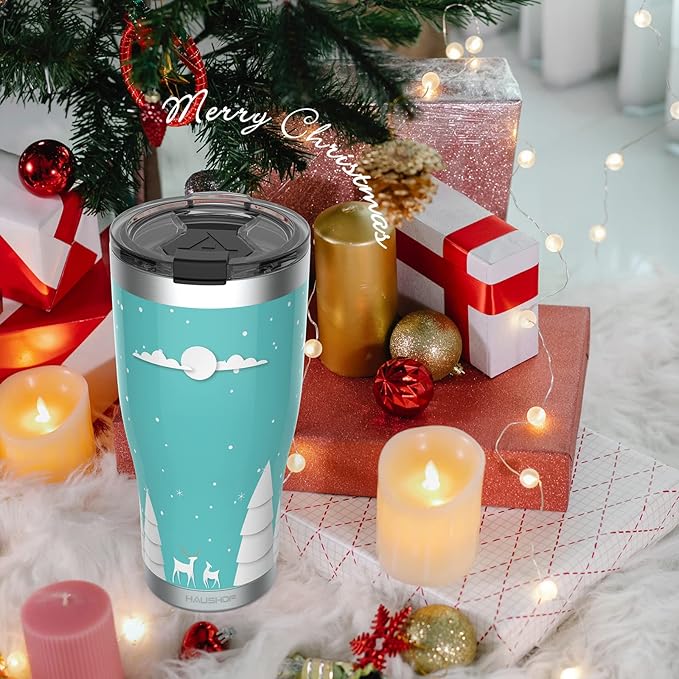 HAUSHOF 20oz Christmas Tumbler, Stainless Steel and Double Wall Vacuum Insulated Travel Coffee Mug with Lid, Good Choice for Gifts-Teal with Christmas Tree
