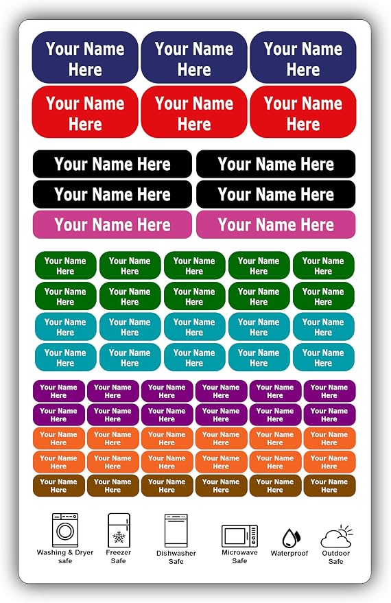 62 Personalized Waterproof Name Labels. Press and Stick Multi-Use Custom Stickers. Highly Durable Customized Labels with Permanent Self-Adhesive. Great for School, Daycare or Camp.