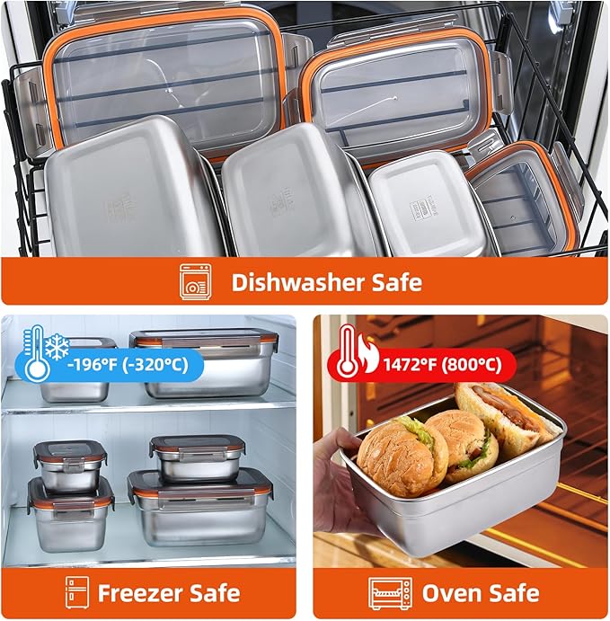 Stainless Steel Airtight Food Storage & Bento Lunch Box Set of 6 - Leakproof Seal, Dishwasher & Freezer Safe, Stackable, 3 Sizes (19.4/38.8/67oz) for Meal Prep, Work, Travel