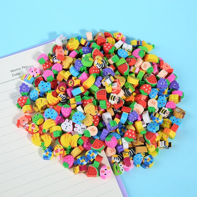 300 Pieces Mini Erasers for Kids, Bulk Small Animal Fruit Pencil Erasers Assortment for Home Rewards, School Supplies and Gift Filling