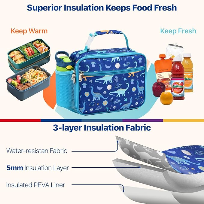 Bagseri Kids Lunch Bag Boys - Thermal Insulated Lunch Box Tote with Water Bottle Holder, Reusable Leak-Proof Kids Lunch Box for Daycare & School, Blue Dinosaur (Containers Not Included)