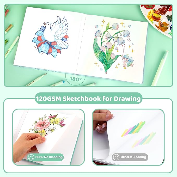FLYING EAGLE Sketch Book for Kids 10"X 10" Large Hardcover Sketchbook for Drawing 120GSM Thick Paper, Square Art Drawing Paper 120 Pages Sketch Pad for Boys Teens,Gift Boxed, Green