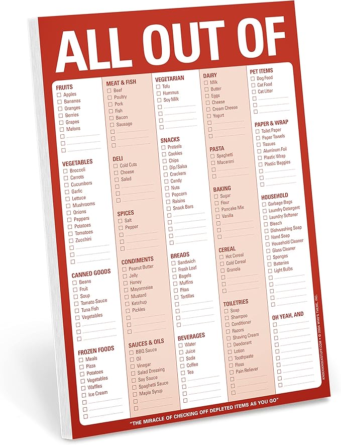 Knock Knock All Out Of Grocery List Note Pad, 6 x 9-inches (Red)