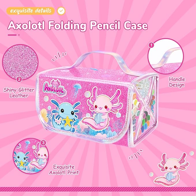 Axolotl Arts and Crafts for Girls Ages 4-5-6-7-8, 70 PCS Art Supplies Set with Kawaii 3D Pink Pencil Case, Washable Dual Markers, Scented Gel Pens, Twist-up Crayons & Axolotl Stickers, Birthday Gift
