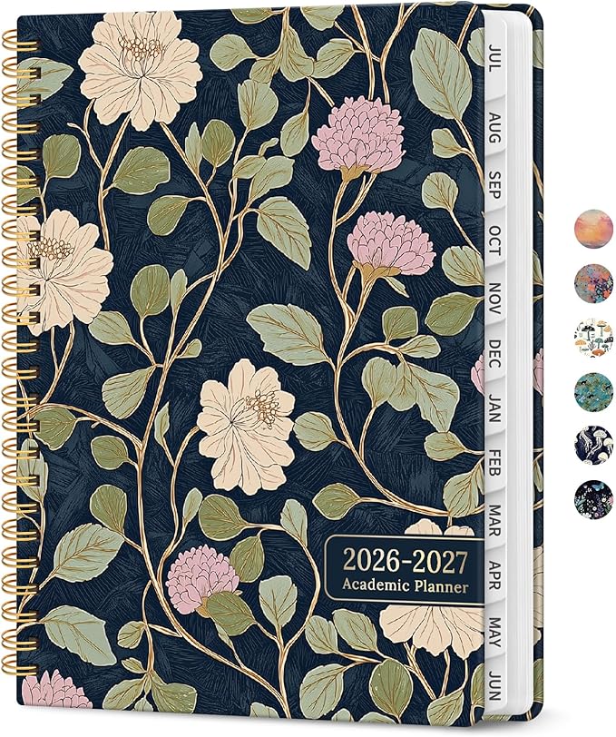 Planner 2026-2027, Academic Year Monthly and Weekly Calendar Planner, Jul 2026 - Jun 2027, Hardcover Teacher Student Planning Agenda book with Tabs, Perfect for School Office Supplies, 6.3" x 8.5" - Blush Vines