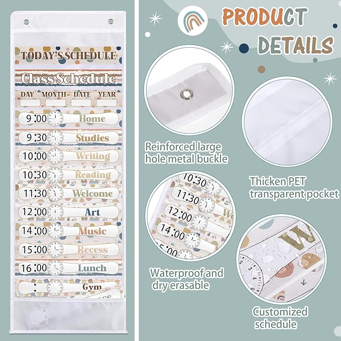 Daily Schedule Pocket Chart for Classroom Decor with 13+1 Pockets and 42 Designed Schedule Cards, Teacher Supplies for Preschool Classroom Home Office Back to School Decorations(Boho)