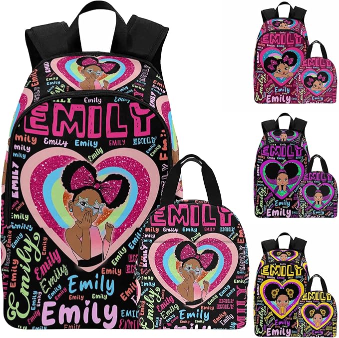 M YESCUSTOM Personalized School Backpack for Girls Kids Heart Rainbow Backpack with Lunch Box Lightweight Preschool Elementary Girls BookBags Set, Travel Daypack Shoulder Bag for Teenager