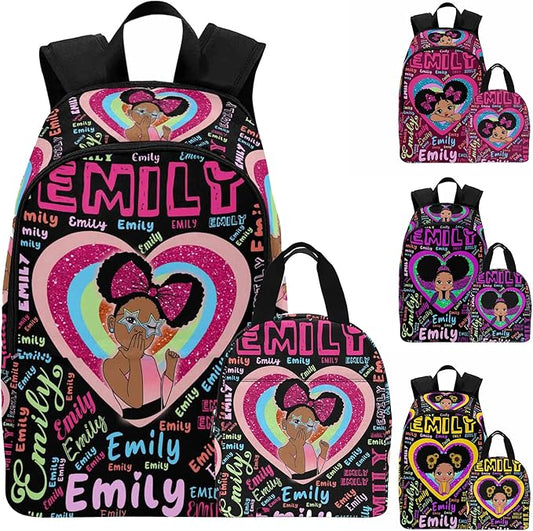 M YESCUSTOM Personalized School Backpack for Girls Kids Heart Rainbow Backpack with Lunch Box Lightweight Preschool Elementary Girls BookBags Set, Travel Daypack Shoulder Bag for Teenager