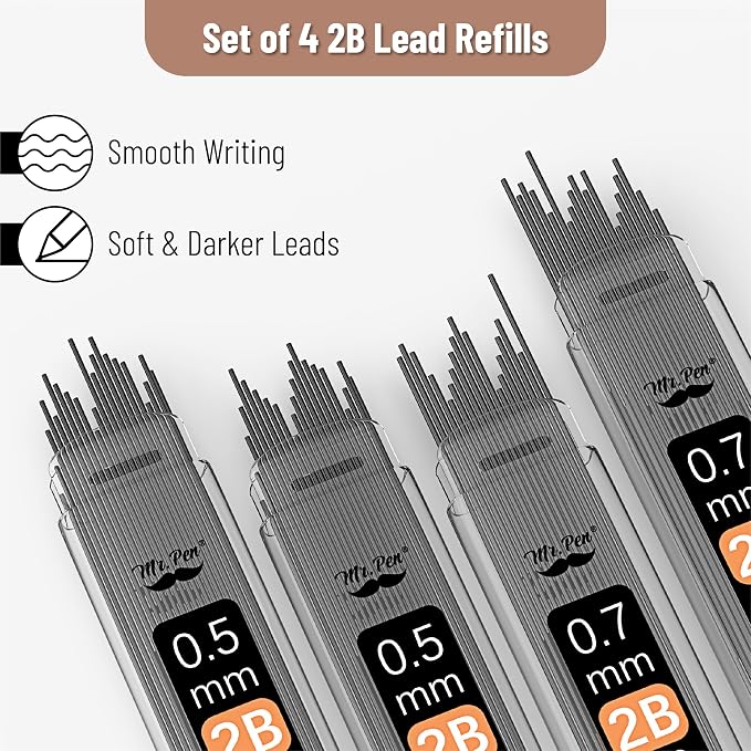 Mr. Pen- Metal Mechanical Pencil Set with Lead Refills & Erasers, 2 Pack | 2 Sizes, 0.5 & 0.7mm, 4x Tubes 2B Lead Refill, 2x Erasers for School Supplies, Note Taking, Drawing, Sketching, Office