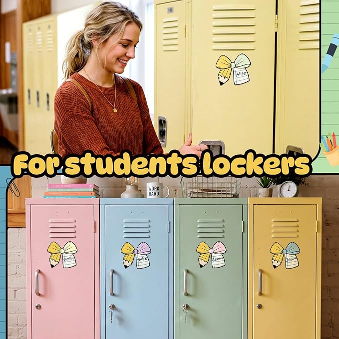 Crtiin 42 Pcs Back to School Bow Magnetic Name Tags Set for Lockers 4 Inch Pencil Notebook Design Bow Dry Erase Labels Magnetic Reusable Name Tags for First Day of School Whiteboard Classroom Decor