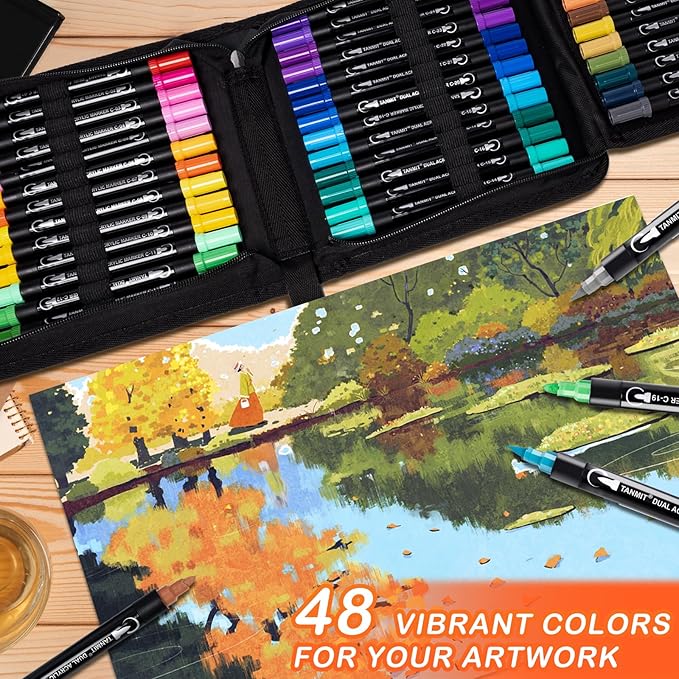 TANMIT 48 Colors Dual Tip Acrylic Paint Markers, Paint Pens Set with Brush Tip and Fine Tip For Fabric, Rock, Wood, Glass, Eggs, Scrapbook, DIY Crafts Making Art Supplies - Teacher Appreciation Gift