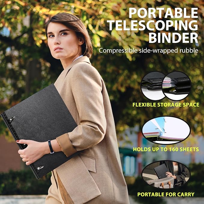 WOT I Telescoping 3 Ring Binder(0.75"), Expandable Flexible Binder - Patented Design for Easy Portability, Holds 8.5"x11" Paper, for School, Office&Home Organization, Black