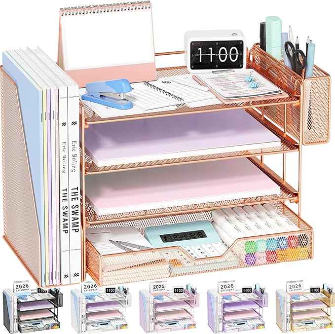 OPNICE Desk Organizer with Drawer & Pen Holder, Office Desk Accessories and Office Decor for Women, 4-Tier Paper Tray File Organizer for Home Office Workspace Supplies, Rose Gold
