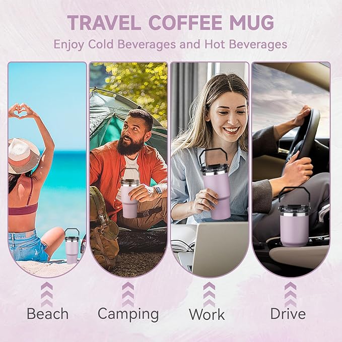 20oz Tumbler with Handle and Flip Straw Lid Double Wall Insulated Travel Coffee Mug Stainless Steel Vacuum Insulated Coffee Tumbler Cup for Hot and Cold Beverages,Leak-proof&BPA-free (20oz,Purple)