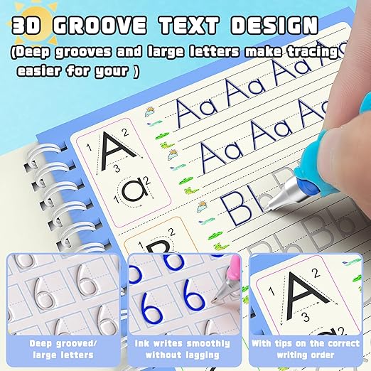 Magic Grooved Writing Practice for Kids, Grooved - 4 children's Magic Copybooks, Grooved Handwriting Practice for Kids 5-10, Preschool Learning Activities, 3 Year Old Boy Gifts for Grandkids.