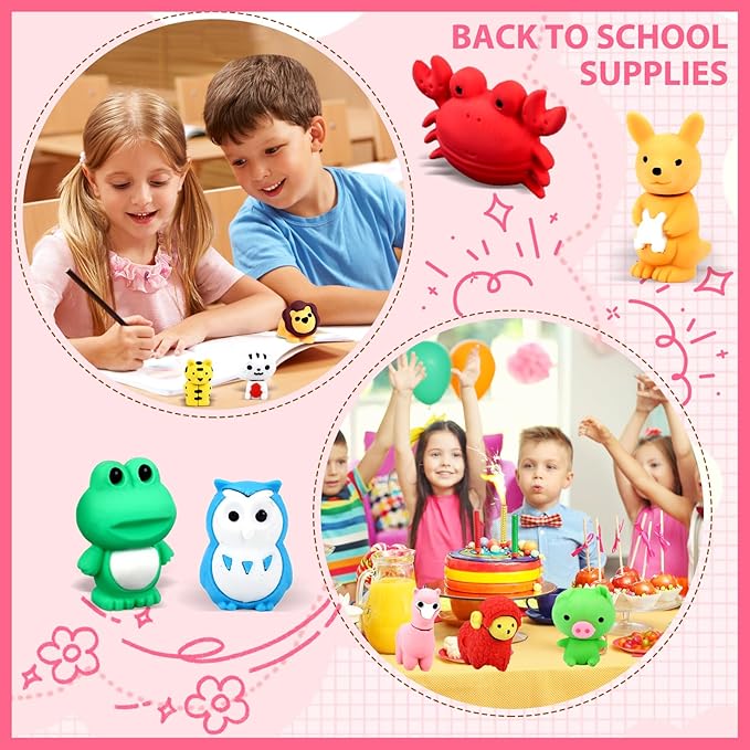URSKYTOUS 64Pcs Animal Erasers Bulk Cute Desk Pets Kids Puzzle Erasers Take Apart Cool 3D Eraser Mini Pencil Eraser Fun Party Favors for School Supplies Classroom Rewards Easter Egg Fillers Gifts