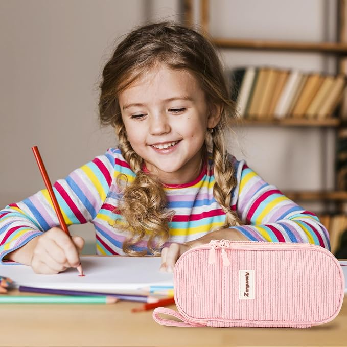 Zzrywuty Pink Aesthetic Pencil Case, Large Capacity Soft Corduroy Stationery Pouch with Handle, Wide Opening Cute Bag & Organizer for School Girls, Teens, Adults
