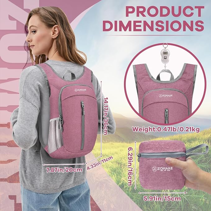 ZOMAKE Lightweight Packable Backpack, 10L Small Foldable Daypack for Hiking | Water Resistant Collapsible Backpacks for Women Men, Everyday Carry, Multi Compartment Storage, Adjustable Strap(Pink A1)