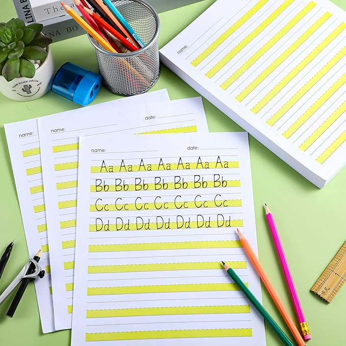 Eaasty 200 Sheets Write Beginner Paper Level 1 with Lines and Yellow Highlighted Practice Writing Paper for Kids Proper Letter Positioning, 11 x 8.5''