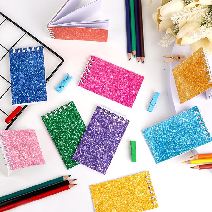 24 Pcs Mini Notebook Party Favor Small Pocket Notebook Colorful Shiny Cover Notebooks Small Spiral Notepad Memo Note Pads for Work Home Office School Classroom Supplies
