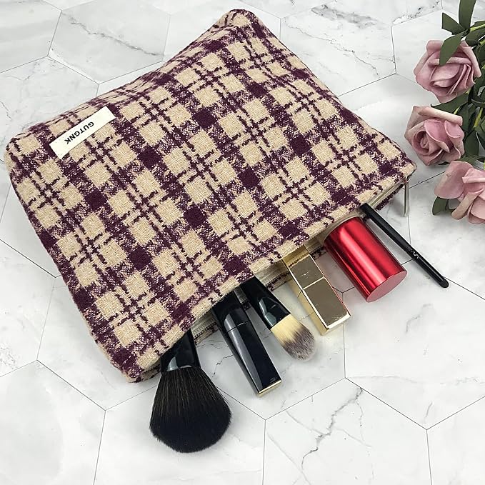 GUTGNK Corduroy Ladies Cosmetic Bag, Large Capacity Canvas Cosmetic Bag Travel Toiletry Bag Accessories Organizer, Purple Check