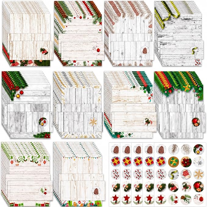 250Pcs Stationery Paper and Envelope Set with 100 Letterhead Papers and 50 Envelopes, 10 Design for Letter Writing Invitations Computer Holidays Party Notes, 8.5x11 Inch-Wood Grain
