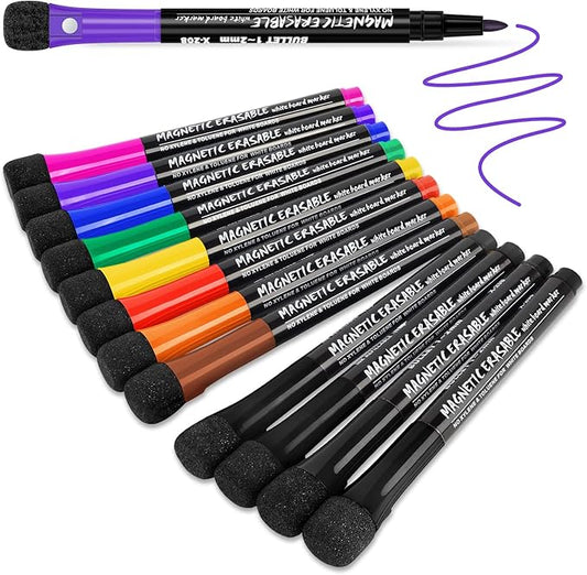 JR.WHITE Magnetic Dry Erase Markers Fine Tip, 9 Colors (12 Pack) Whiteboard Markers with Eraser Cap, Low Odor Erasable Markers Dry Erase Pens for Calendar Whiteboard, Refrigerator, Classroom, Office