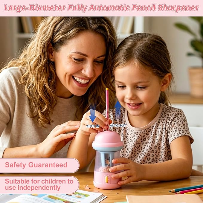 Rechargeable Electric Pencil Sharpener, 6-12mm Auto in & Out Fully Automatic Pencil Sharpener for Kids, Large Capacity Battery Powered, with Cartoon Stickers Ideal for Classroom & Home (Pink)
