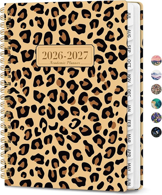Planner 2026-2027, Monthly and Weekly Academic Planner July 2026 - June 2027, Hardcover Student Teacher Planning Agenda Calendar Book with Tabs, Perfect for Office School Supplies, A5 (6.3" x 8.5") - Leopard