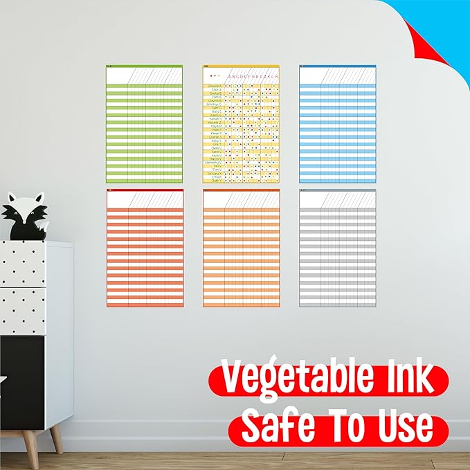 6 Pack Dry Erase Incentive Chart, 6 Multi-Color Tracking Chart with 1056 Reward Stars for Chore/Responsibility/School Attendance/Homework Progress Tracking, 27 Rows X 15 Columns (11" x 17")