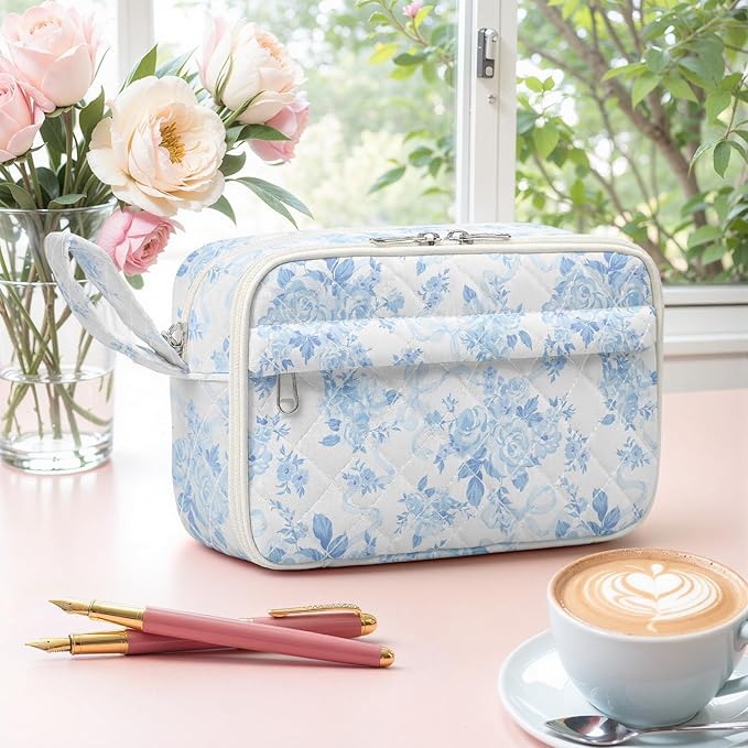 WOBAGMEN Quilted Pencil Pouch for Girls Women, Large Pencil Case Pouch with Compartments Cute Aesthetic Pencil Case Organizer, Floral Pencil Bag for School Supplies (Blue Floral Bow)