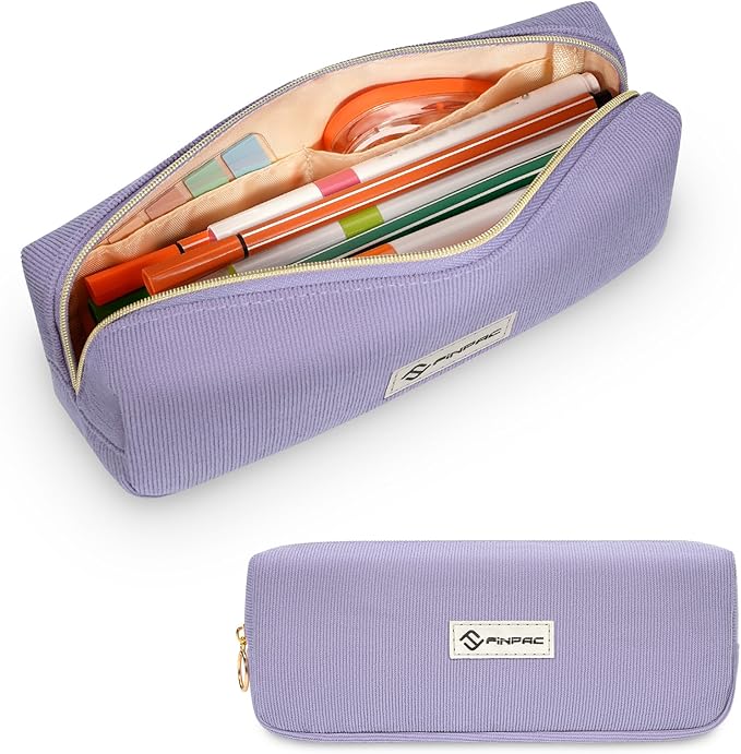 FINPAC Pencil Case, Corduroy Aesthetic Makeup Bag, Cute Kawaii Pen Bag Pouch Holder Box Organize for Study, Office, or Travel (Purple)