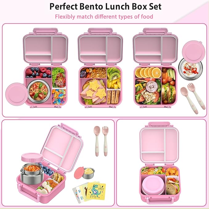 Kids Bento Lunch Box with 9oz Soup Thermo Leakproof Lunch Food Containers 4 Compartment with Insulated Hot Food Jar for Kid Toddler Girls Boys to School, Trvael
