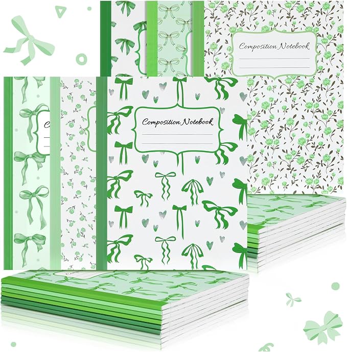 Fullhawl 6 Pack Composition Notebook College Ruled Bulk Green Bow Composition Notebook Preppy Aesthetic for Back to School Supplies 110 Pages 9-3/4 x 7-1/2" Cute Journal for First Day of School Office