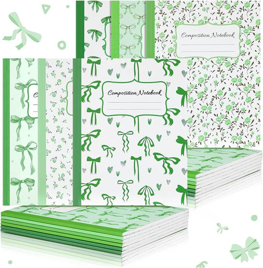 Fullhawl 6 Pack Composition Notebook College Ruled Bulk Green Bow Composition Notebook Preppy Aesthetic for Back to School Supplies 110 Pages 9-3/4 x 7-1/2" Cute Journal for First Day of School Office