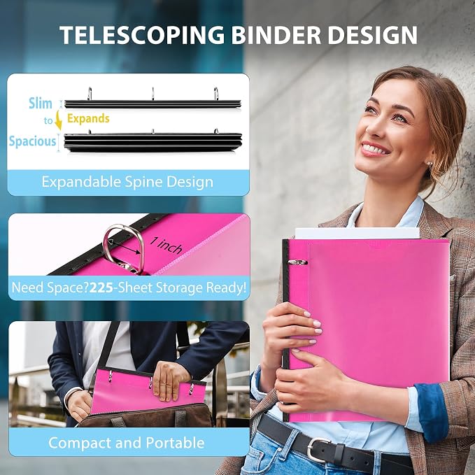 WOT I 4-Pack Telescoping 3 Ring Binder 1 Inch, Expandable Flexible Binder - Patented Design for Easy Portability, Holds 8.5"x11" Paper, 4 Bright Colors, Perfect for School, Office&Home Organization
