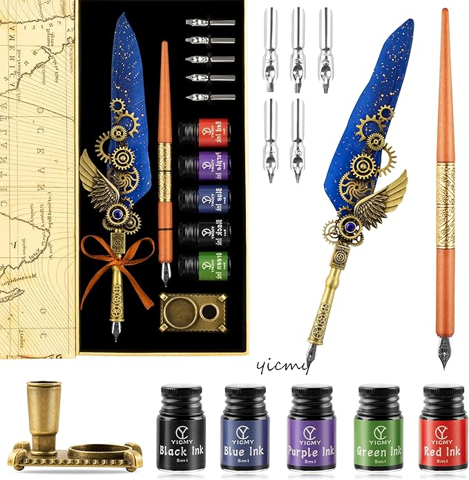 Feather Pen and Ink Set Calligraphy Kit for Beginners with Quill Pen, Antique Vintage Stationary Set for Writing, Signing & Hand Lettering Art(Blue feather)