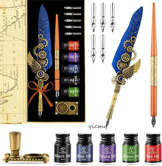 Feather Pen and Ink Set Calligraphy Kit for Beginners with Quill Pen, Antique Vintage Stationary Set for Writing, Signing & Hand Lettering Art(Blue feather)