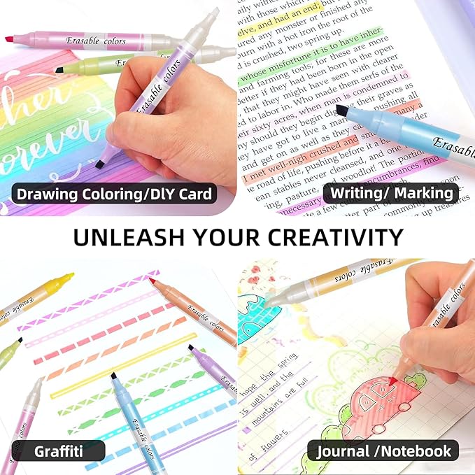 Erasable Highlighters, Dual Tip Bible Highlighters Erasable,Aesthetic Highlighter Assorted Colors,Cute Pastel Highlighter No Bleed Through for School,Journaling,Office,6 Pack Large Capacity