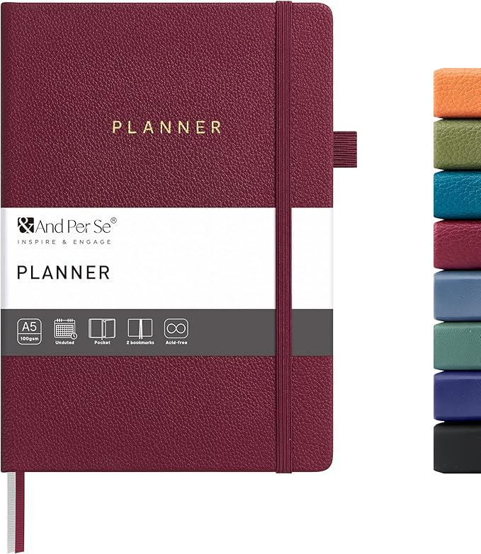 And Per Se Undated Planner, Weekly & Monthly Planner with Goal & Habit Tracker, A5 Leather Hardcover Productivity Journal for Academic Year (Dark Red)