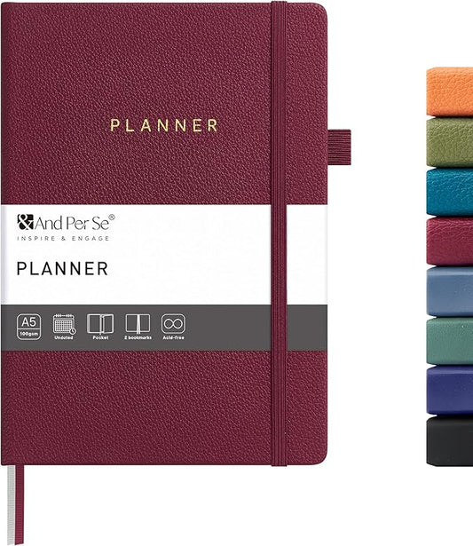 And Per Se Undated Planner, Weekly & Monthly Planner with Goal & Habit Tracker, A5 Leather Hardcover Productivity Journal for Academic Year (Dark Red)