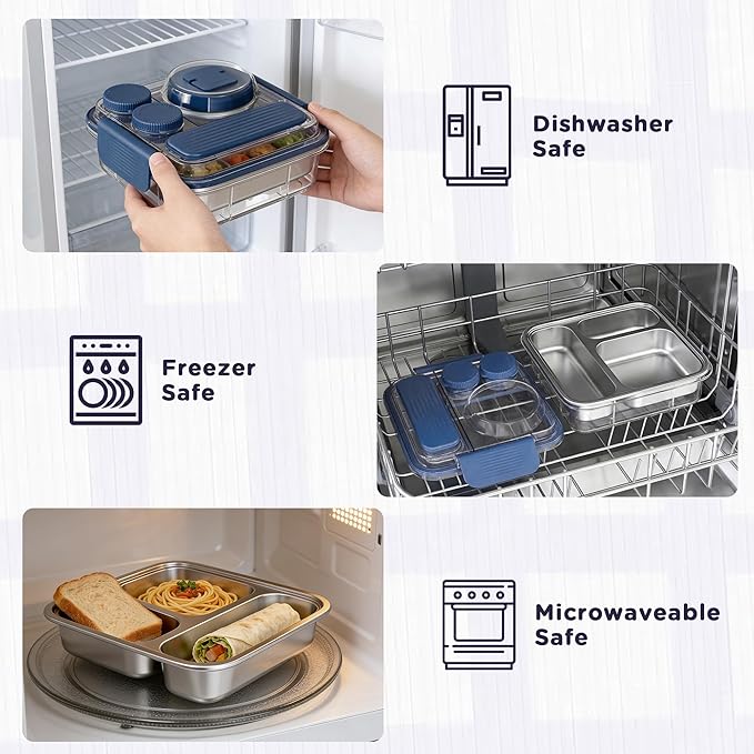 Stainless Steel Bento Lunch Box for Kids Adults with 8oz Insulated Food Jar, Leak-proof, Dishwasher-Safe, Transparent Lid with Sauce Cup and Cutlery Storage for School & Travel,BPA-Free(Blue)