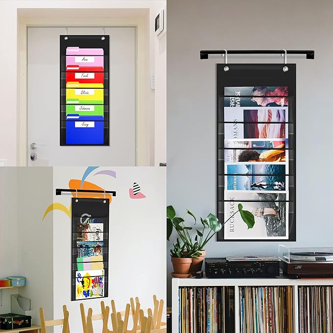 Storage Pocket Chart, Heavy Duty Wall File Organization Folder with 5 Clear File Pockets, 5 Blank Dry-Erase Name Stickers Plus 2 Over Door Hooks for Files, Bills, Classroom & Office (Black, 14” X 28”)