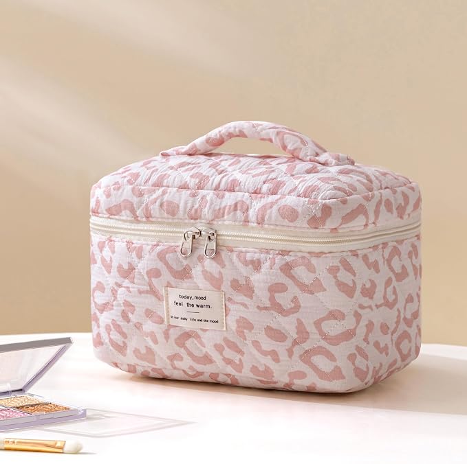 HBselect Quilted Makeup Bag, 3Pcs Cotton Large Travel Makeup Bags Organizer | Cute Floral Make up Bag Cosmetic Bag Toiletry Bag for Women Girls, Makeup Pouch for Skincare, Brushes & Travel Essentials