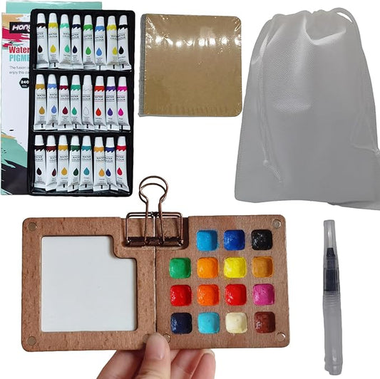 Portable Mini Watercolor Paint Set, 24 Colors Travel Watercolor Kit with Wooden 15 Grid Palette, Sketchbook, Brush & Waterproof Bag for Beginners, Artists, Outdoor Painting
